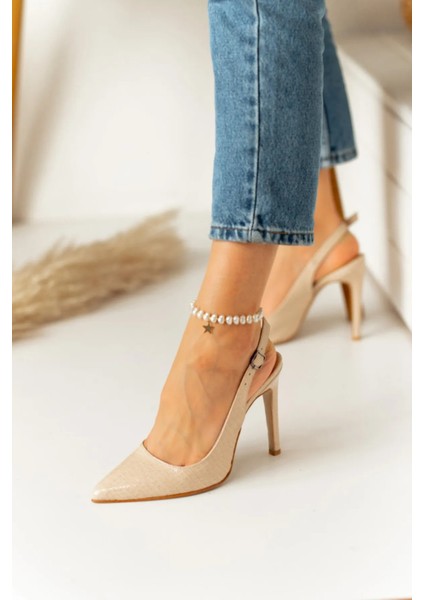 Bej Yılan Derisi Desenli Stiletto Sivri Burun Kadın Topuklu Ayakkabı fırsatları