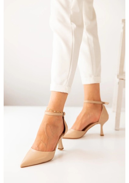 Nude Cilt Bilekten Bağlamalı Stiletto Sivri Burun Kadın Topuklu Ayakkabı modelleri