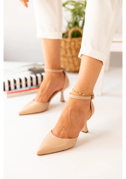 Nude Cilt Bilekten Bağlamalı Stiletto Sivri Burun Kadın Topuklu Ayakkabı indirimleri