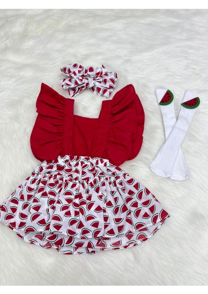 Kız Bebek Karpuz Salopet Bandana ve Çorap Set