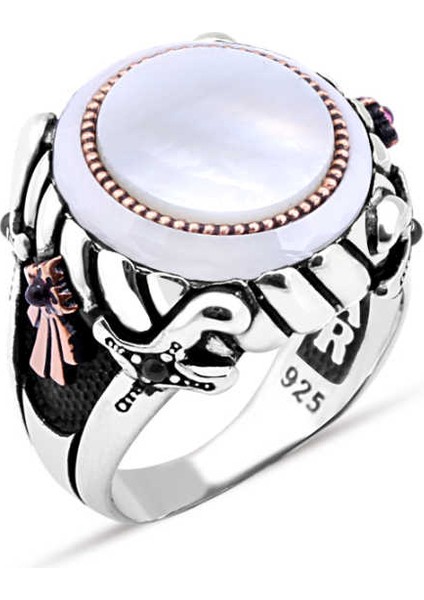 Ortası Düz Sedef Taş Kenarı Çember Taşlı Erkek Yüzük