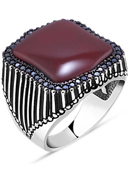 Ortası Düz Akik Taş Kenarı Minik Siyah Zirkon Taşlı Erkek Yüzük