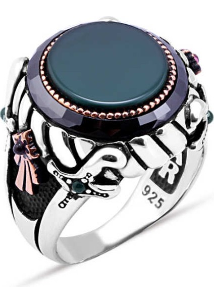 Ortası Yeşil Akik Taşlı Kenarı Çember Taşlı Erkek Yüzük