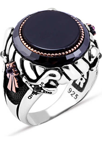 Ortası Oniks Taş Kenarı Çember Taşlı Erkek Yüzük