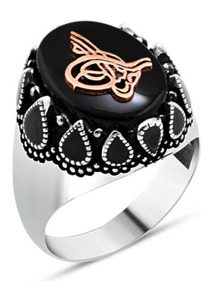 Siyah Oniks Taşlı Tuğralı Yanları Siyah Mineli Erkek Yüzük