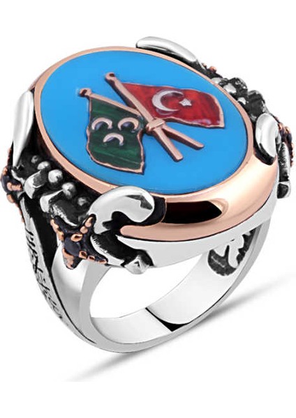 Sıkma Turkuaz Üzeri Osmanlı ve Türk Bayraklı Yanları Kılıçlı Erkek Yüzük