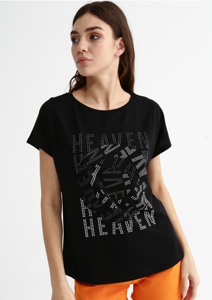 Bisiklet Yaka Taşlı Siyah Kadın T-Shirt Cm-Zoes