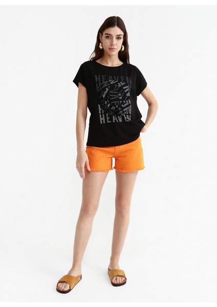 Bisiklet Yaka Taşlı Siyah Kadın T-Shirt Cm-Zoes fiyatları