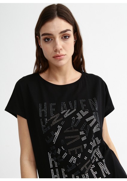 Bisiklet Yaka Taşlı Siyah Kadın T-Shirt Cm-Zoes modelleri
