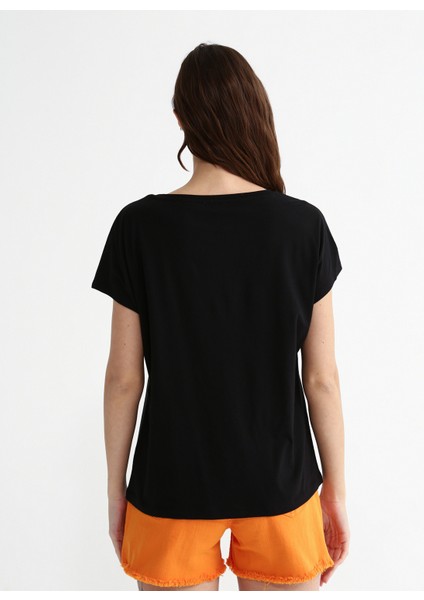 Bisiklet Yaka Taşlı Siyah Kadın T-Shirt Cm-Zoes fırsatları