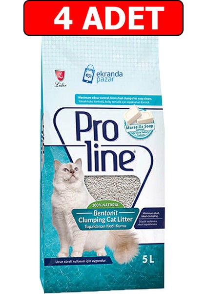 Pro Line Marsilya Sabun Kokulu 4 Adet 5lt Bentonit Kedi Kumu Topaklanan İnce Taneli Kedi Kumu