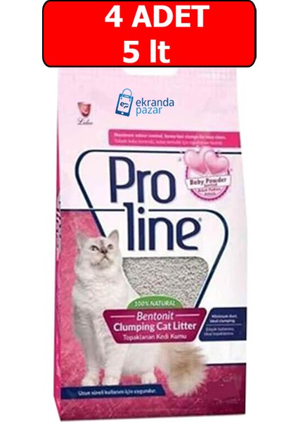Pro Line Pudralı Bentonit 4 Adet 5lt Kedi Kumu Bebek Pudralı Topaklanan İnce Taneli Kedi Kumu