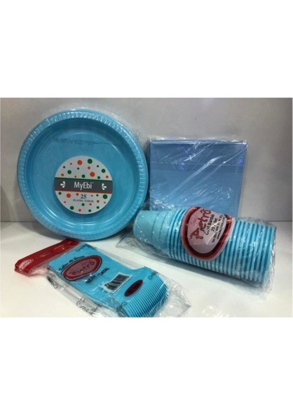 Plastik Kullan At Doğum Günü Tabak Bardak Çatal Peçete(Mavi)