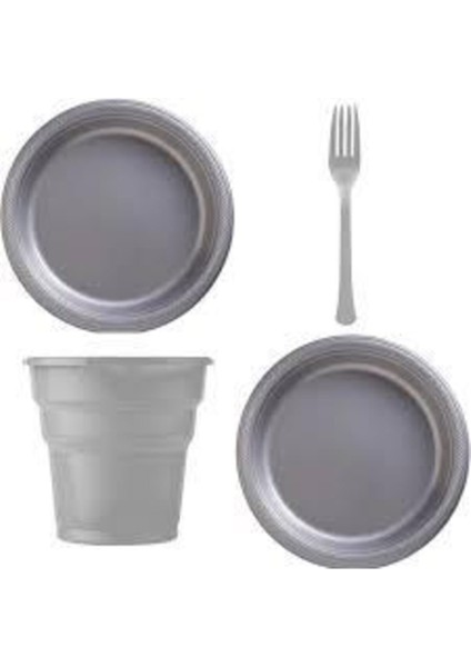 Kullanatparty Gümüş Renk Plastik Tabak Bardak Çatal Seti - Lüx Plastik 25 Kişilik Doğum Günü Set