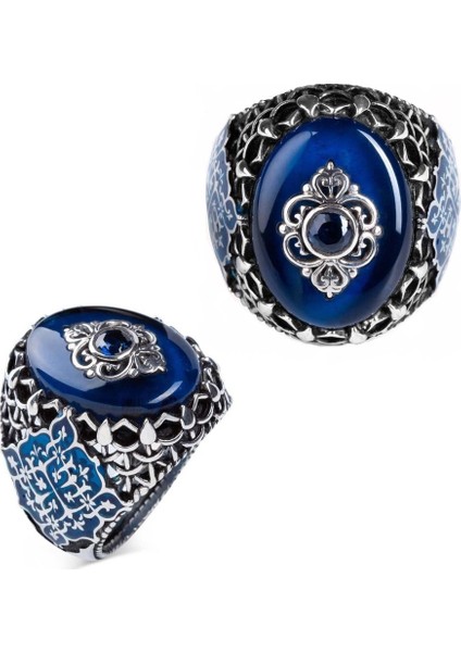 Sıkma Kehribar Taşlı Üzeri Çiçek Motifli Yanları Mineli Erkek Yüzük