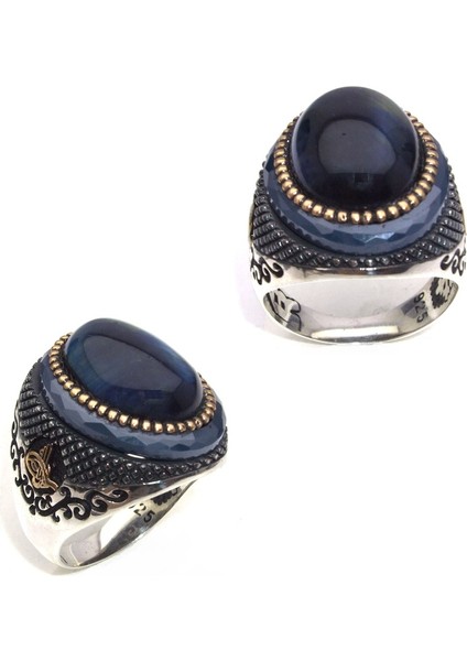 Ortası Mavi Kaplan Gözü Taşlı Kenarı Çember Taşlı Erkek Yüzük