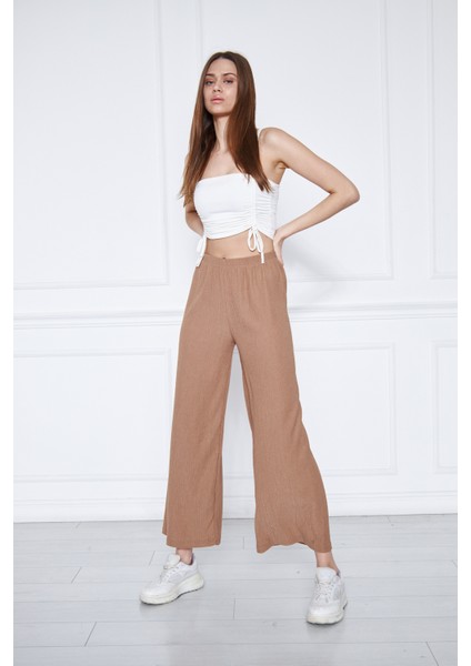 Kadın Büyük Beden Bel Lastikli Bol Paça Börülce Kumaş Pantolon