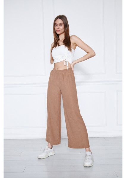 Kadın Büyük Beden Bel Lastikli Bol Paça Börülce Kumaş Pantolon fiyatları