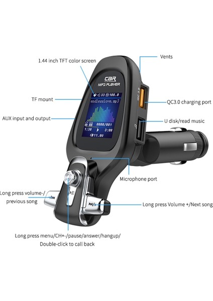 BT28 Araba Bluetooth Player Mp3 Aux Qc3.0 Fm Verici (Yurt Dışından)