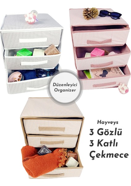 3 Gözlü 3 Katlı Çekmece Içi Dolap Takı Çorap Eşarp Düzenleyici Organizer