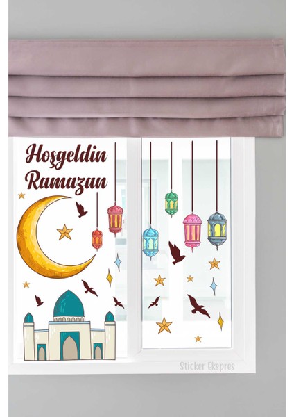 Hoşgeldin Ramazan Renkli Lamba Fener Cami Hilal Duvar ve Cam Sticker Seti