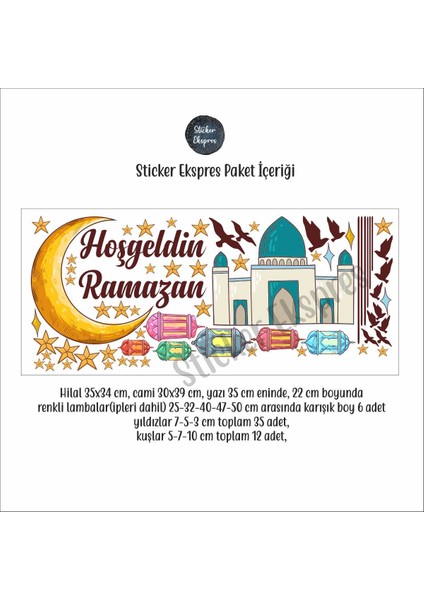 Hoşgeldin Ramazan Renkli Lamba Fener Cami Hilal Duvar ve Cam Sticker Seti