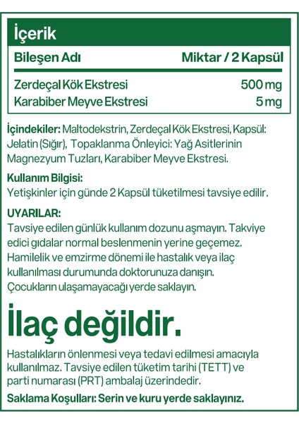 Zerdeçal Ekstartı Curcumin Turmeric 60 Sert Kapsül