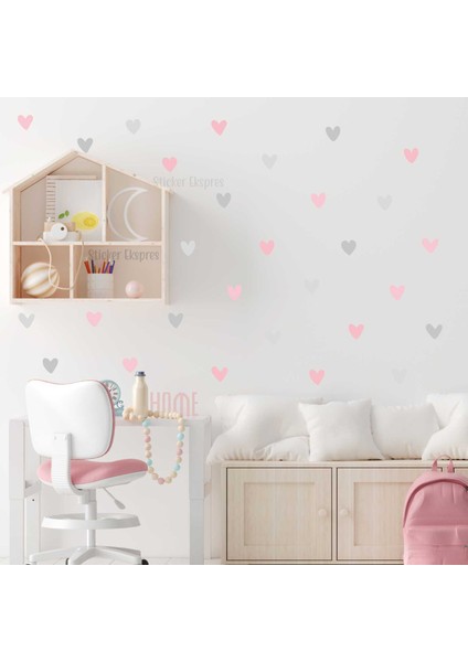 Açık Pembe Açık Gri Asimetrik Kalpler Çocuk Odası Duvar Sticker Seti