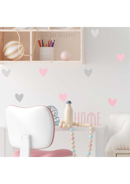 Açık Pembe Açık Gri Asimetrik Kalpler Çocuk Odası Duvar Sticker Seti