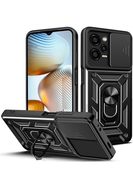 Xiaomi Poco X5 Pro 5g Uyumlu Kılıf Kamera Lens Korumalı Sürgülü Yüzüklü Standlı Zırh Tank Tam Koruyucu Kapak