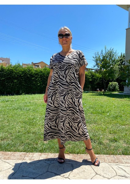 410633 Açık Gri Toprak Tonu Zebra Desen Elbise