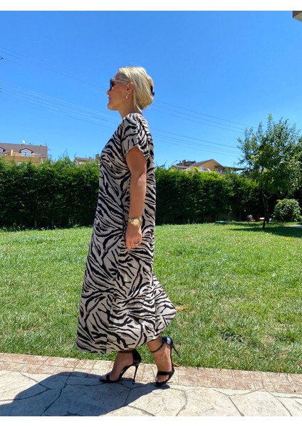 410633 Açık Gri Toprak Tonu Zebra Desen Elbise