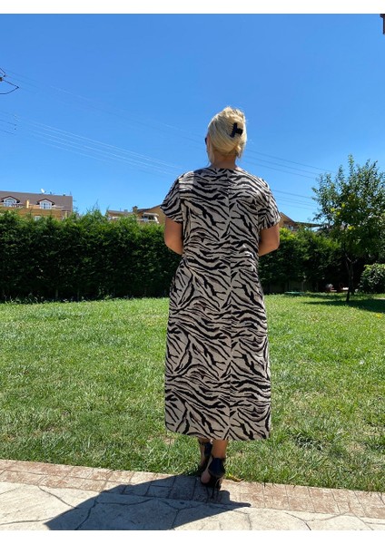 410633 Açık Gri Toprak Tonu Zebra Desen Elbise