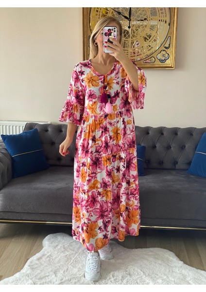 410479 Eteği Fırfırlı Kolları Volanlı Elbise Pembe fiyatları