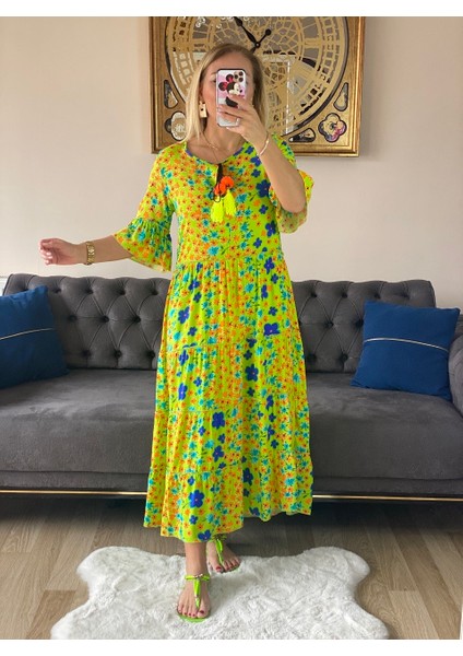410512 Püsküllü Neon Yeşil Papatya Desen Elbise fiyatları