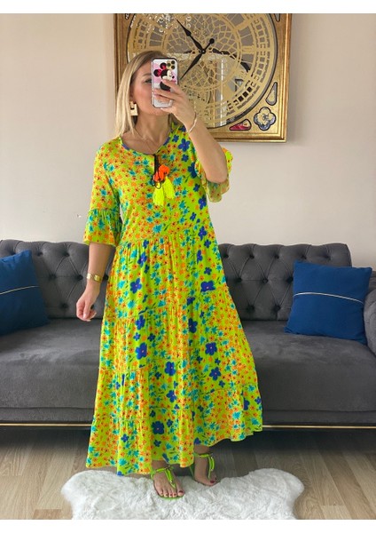 410512 Püsküllü Neon Yeşil Papatya Desen Elbise modelleri