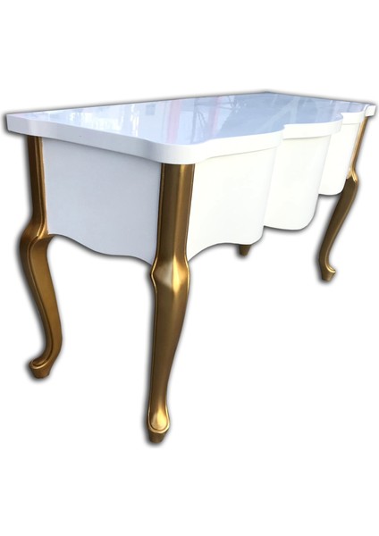 Dresuar-Çalışma Masa Bombe Model Dalga Ayna Kayın Lüken Aslan Ayak Parlak Beyaz Renk El Yapım.