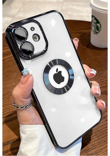 iPhone 11 Kılıf Kamera Lens Korumalı Şeffaf Renkli Logo Gösteren Parlak Omega Kapak Siyah