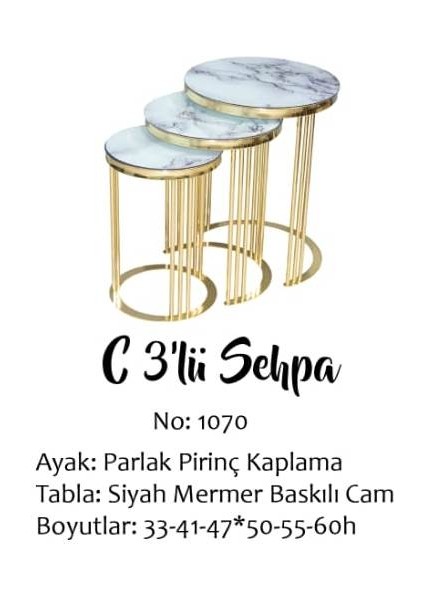 Brc C Zigon Sehpa 3'lü 1070 Beyaz Mermer Desen Gold Parlak Pirinç Kaplama Metal Ayak El Yapım