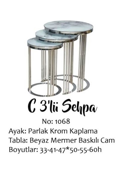 Bengi Brc C Zigon Sehpa C 3'lü 1068 Beyaz Mermer Desen Metal Parlak Krom Ayak El Yapım