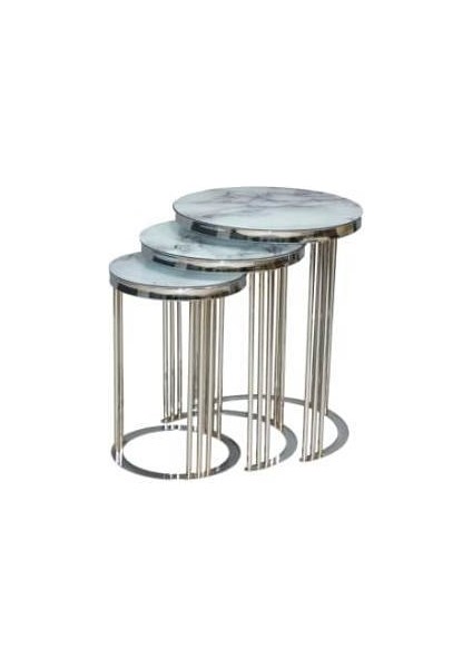 Bengi Brc C Zigon Sehpa C 3'lü 1068 Beyaz Mermer Desen Metal Parlak Krom Ayak El Yapım