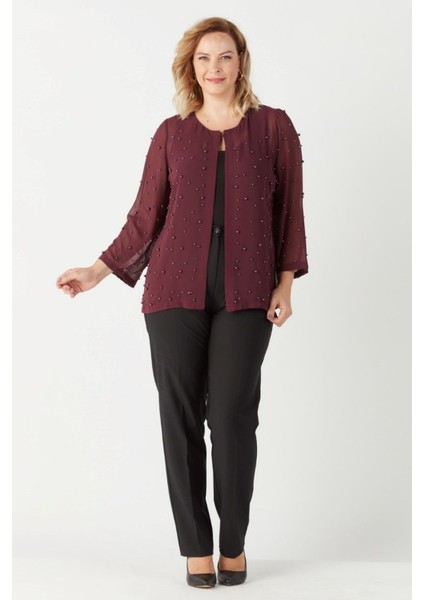 1951 Mürdüm Inci ve Taş Baskılı Şifon Büyük Beden Şık Ceket fiyatları