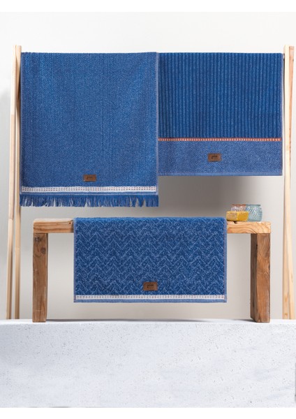 Cotton Box 3'lü Jakarlı Havlu Seti Denim Mavi 50 x 90 cm