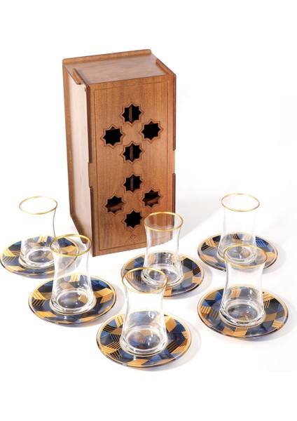 Geometrik Desenli Cam Çay Bardağı ve Çay Tabağı 12 Parça Çay Takımı Seti