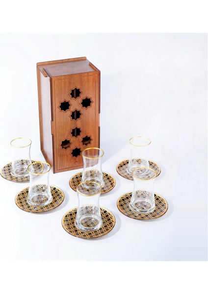 Kilim Desenli Cam Çay Bardağı ve Çay Tabağı 12 Parça Çay Takımı Seti