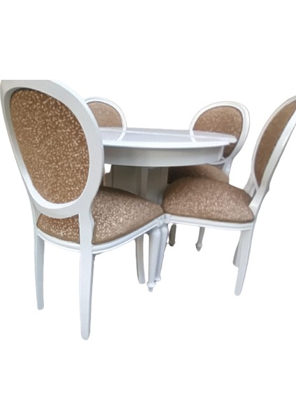 Masa-Sandalye ST Klasik Madalyon Model Kayın ayak Parlak beyaz Açılır MDF tabla