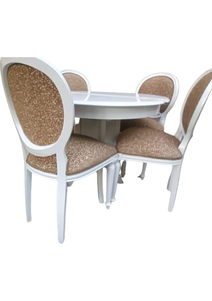 Masa-Sandalye ST Klasik Madalyon Model Kayın ayak Parlak beyaz Açılır MDF tabla
