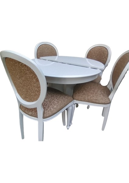 Masa-Sandalye ST Klasik Madalyon Model Kayın ayak Parlak beyaz Açılır MDF tabla