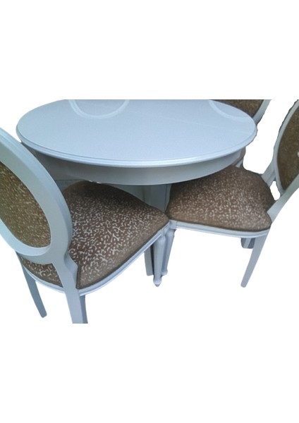 Masa-Sandalye ST Klasik Madalyon Model Kayın ayak Parlak beyaz Açılır MDF tabla