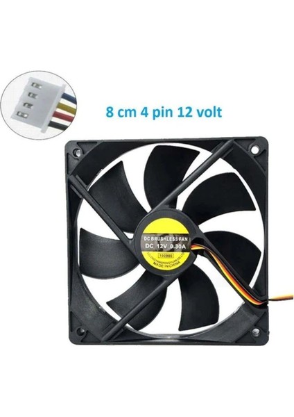 8 cm 12 Volt Fan 12 Volt 8 cm 4 Pinli 20 cm Kablo Uzunluğu 80X80X15MM Fan